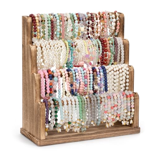 Emfogo Bracelet Holder 4 Tier Bracelet Organizer Storage for Bracelets Bangles Watch Scrunchies Rustic Wood Jewelry Organizer Display for Home Vendors Craft Shows and StoreRustic Brown - Image 1