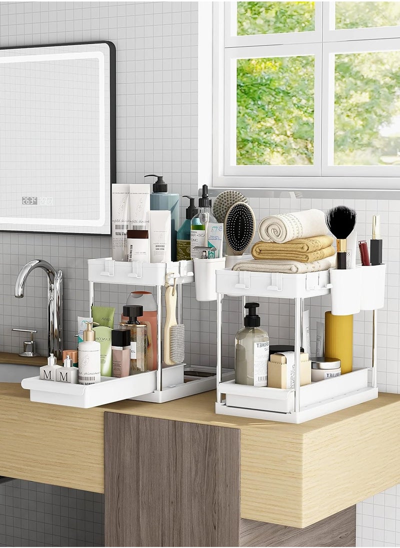 Capstro 2 Tier Under Sink Organizer with Drawer: Multi-Purpose Storage Solution with Specially designed Handle, Anti-Slip Mats, Additional 4 Hooks, 2 Cups, and Enlarged Size - Ceramic White, Pack of 1  - Image 5