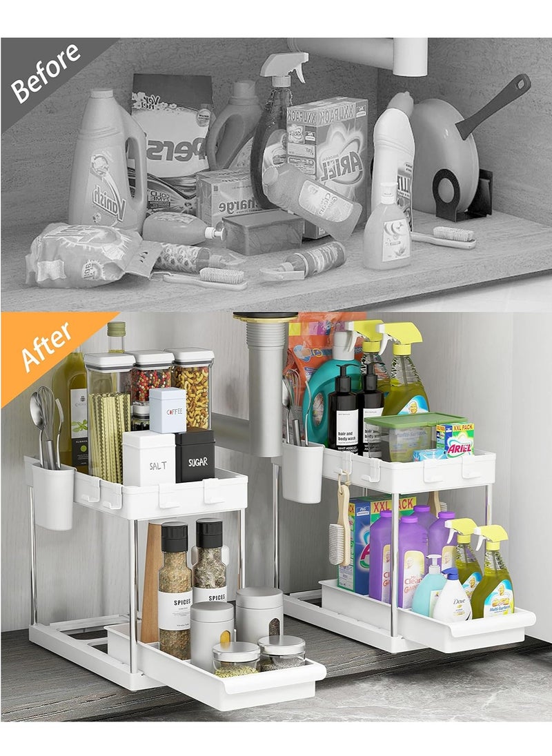 Capstro - 2 Tier Under Sink Organizer with Drawer: Multi-Purpose Storage Solution with Specially designed Handle, Anti-Slip Mats, Additional 4 Hooks, 2 Cups, and Enlarged Size - Ceramic White, Pack of 1 - Image 1