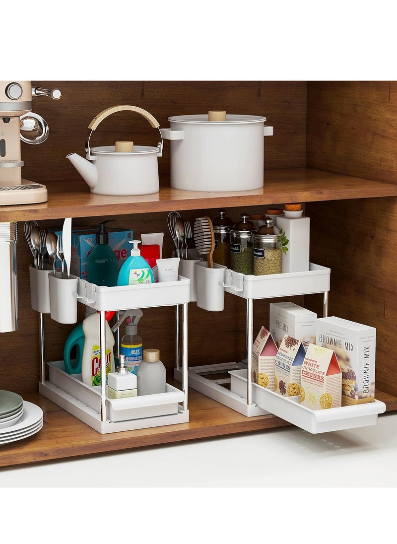 Capstro - 2 Tier Under Sink Organizer with Drawer: Multi-Purpose Storage Solution with Specially designed Handle, Anti-Slip Mats, Additional 4 Hooks, 2 Cups, and Enlarged Size - Ceramic White, Pack of 1 - Image 1