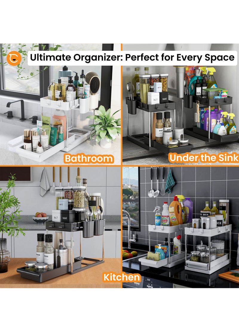 Capstro - 2 Tier Under Sink Organizer with Drawer: Multi-Purpose Storage Solution with Specially designed Handle, Anti-Slip Mats, Additional 4 Hooks, 2 Cups, and Enlarged Size - Ceramic White, Pack of 1 - Image 1