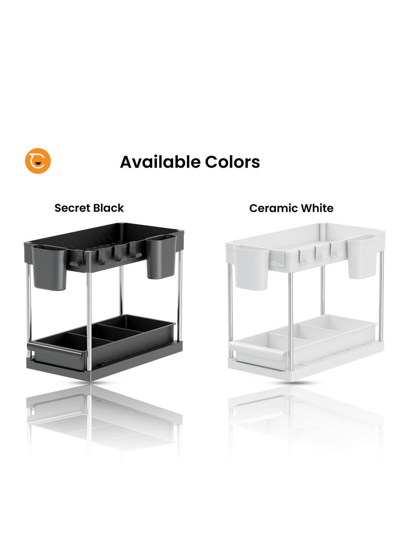 Capstro - 2 Tier Under Sink Organizer with Drawer: Multi-Purpose Storage Solution with Specially designed Handle, Anti-Slip Mats, Additional 4 Hooks, 2 Cups, and Enlarged Size - Ceramic White, Pack of 1 - Image 1