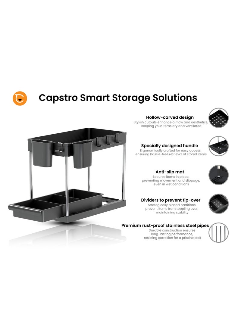 Capstro - 2 Tier Under Sink Organizer with Drawer: Multi-Purpose Storage Solution with Specially designed Handle, Anti-Slip Mats, Additional 4 Hooks, 2 Cups, and Enlarged Size - Ceramic White, Pack of 1 - Image 1