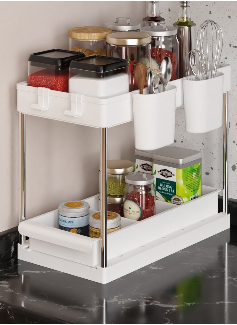 Capstro 2 Tier Under Sink Organizer with Drawer: Multi-Purpose Storage Solution with Specially designed Handle, Anti-Slip Mats, Additional 4 Hooks, 2 Cups, and Enlarged Size - Ceramic White, Pack of 1  - Image 3