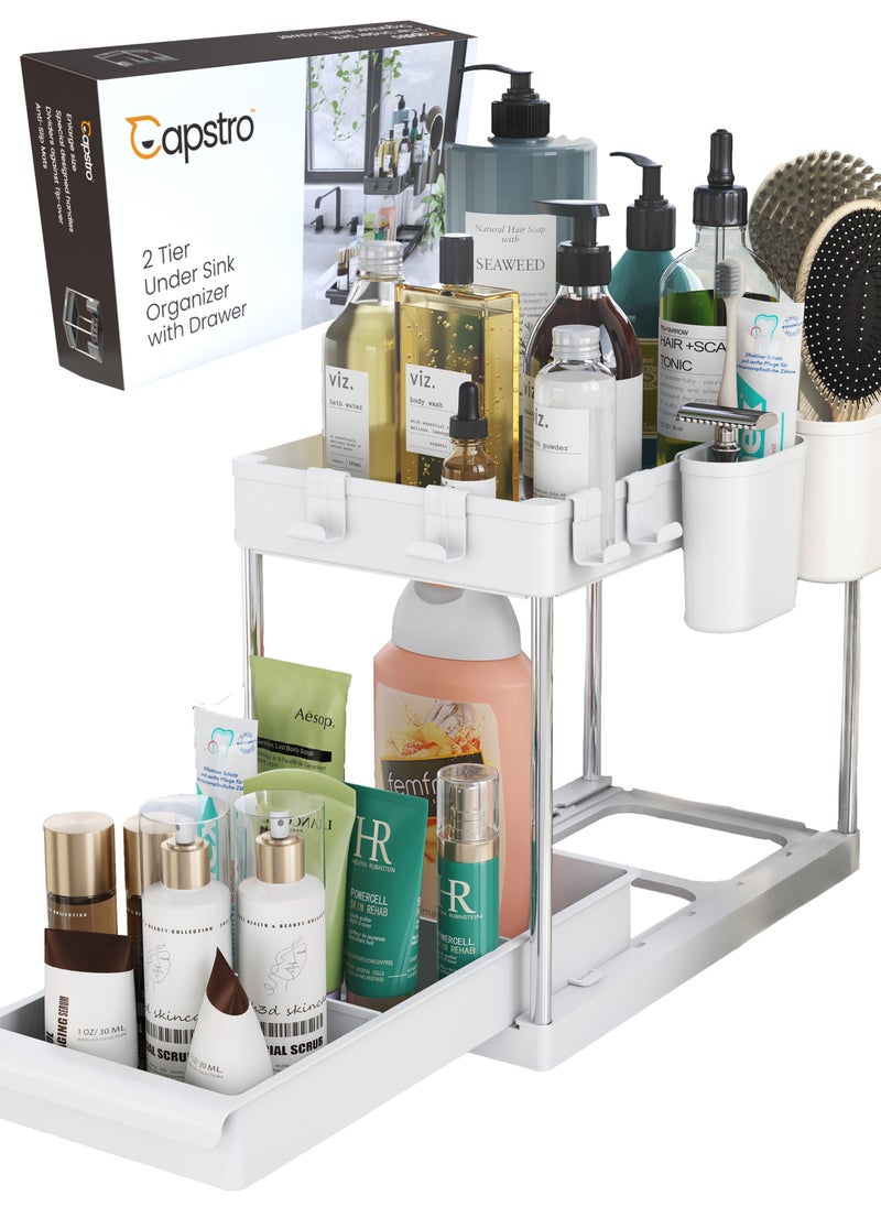 Capstro 2 Tier Under Sink Organizer with Drawer: Multi-Purpose Storage Solution with Specially designed Handle, Anti-Slip Mats, Additional 4 Hooks, 2 Cups, and Enlarged Size - Ceramic White, Pack of 1  - Image 1