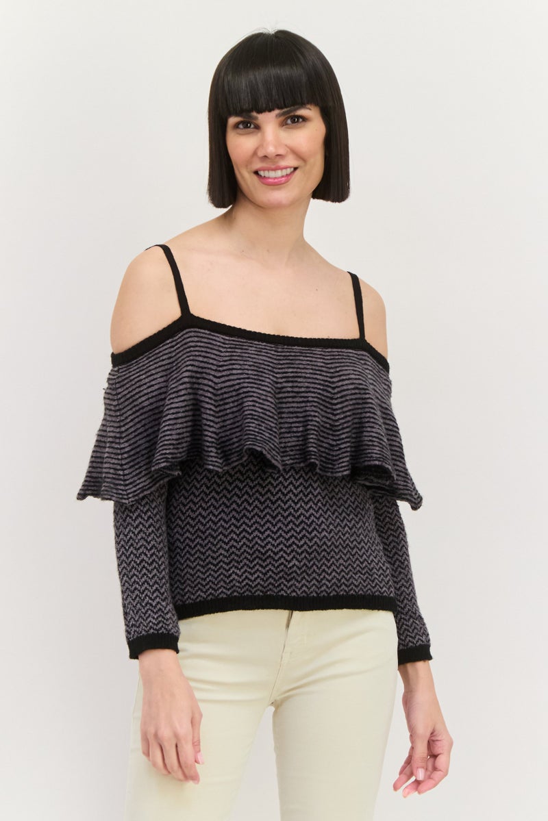 BB Dakota Women Sqaure Neck Cold Shoulder Sleeve Stripe Top, Grey - Image 1