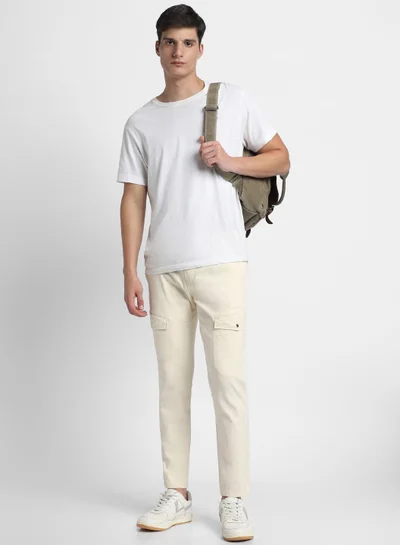Dennis Lingo Slim Fit Cream Men's Cotton Lycra Cargo Trouser, Mid Rise, Full Length, Casual