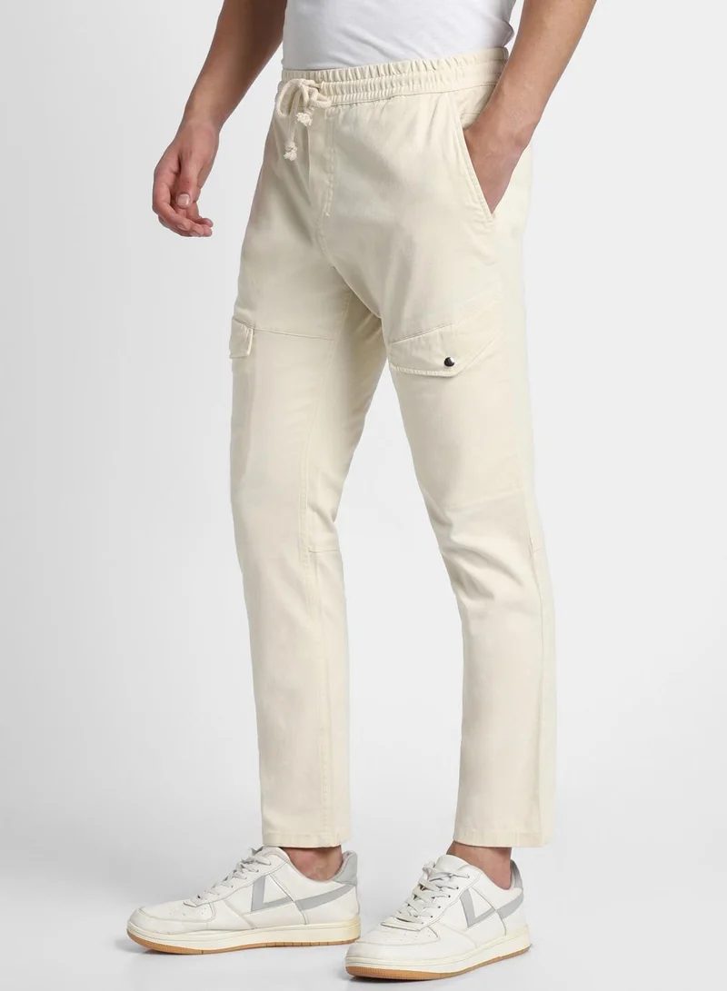 Dennis Lingo Slim Fit Cream Men's Cotton Lycra Cargo Trouser, Mid Rise, Full Length, Casual