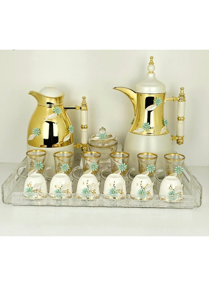 دمنهور 22 قطعة مجموعة ترموس كاملة جديدة 2 ترمس 6 فنجان شاي مع 6 صحن 6كوب جوافة 1 وعاء سكر 1 صينية