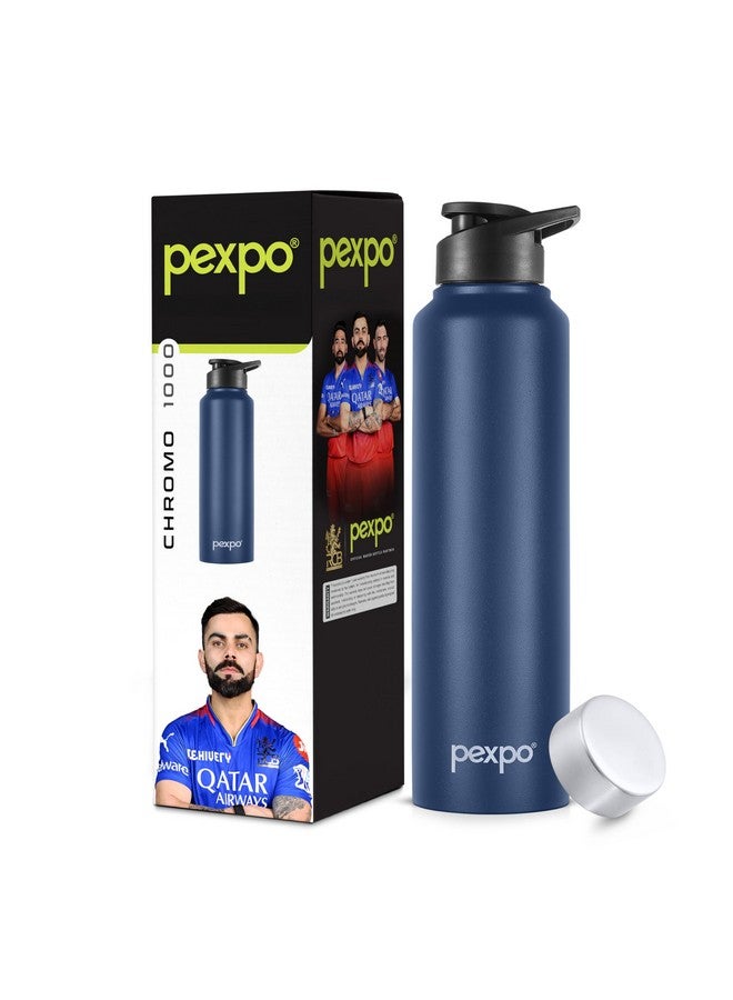 PEXPO Chromo 1000 ISI Certified Pro Stainless Steel Sports/Fridge Water Bottle with Sipper & Steel Cap, 950ml, Denim Blue |BPA Free | Water Bottle for Office, Gym, School, Yoga | RCB Edition - Image 1