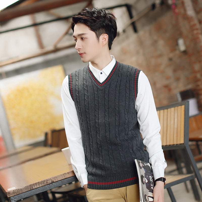Mens Wool Vest Mens Knitted Vest Slim-fit Youth Sleeveless Sweater V-neck Thin Korean Mens Waistcoat Fashionable Black - Image 3