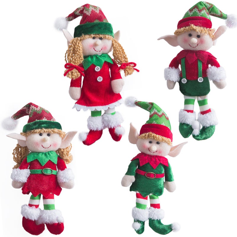 WEWILL Adorable Flexible Christmas Elves Plush Dolls Set of 4 Party Xmas Tree Decoration Holiday Santa Characters Ornaments 12Inch