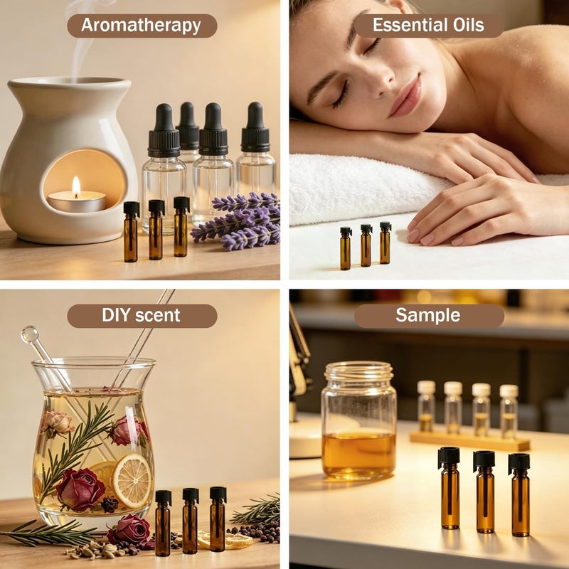 ELFENSTALL Portable 100pcs 1ml (1/4 Dram) Amber Mini Glass Bottle 1cc Vial Small Essential Oil Perfume DIY Liquid Sample Bottle For Travel Makeup Party Friend Sample free 10pcs 0.5ml Dropper Pipette - Image 4