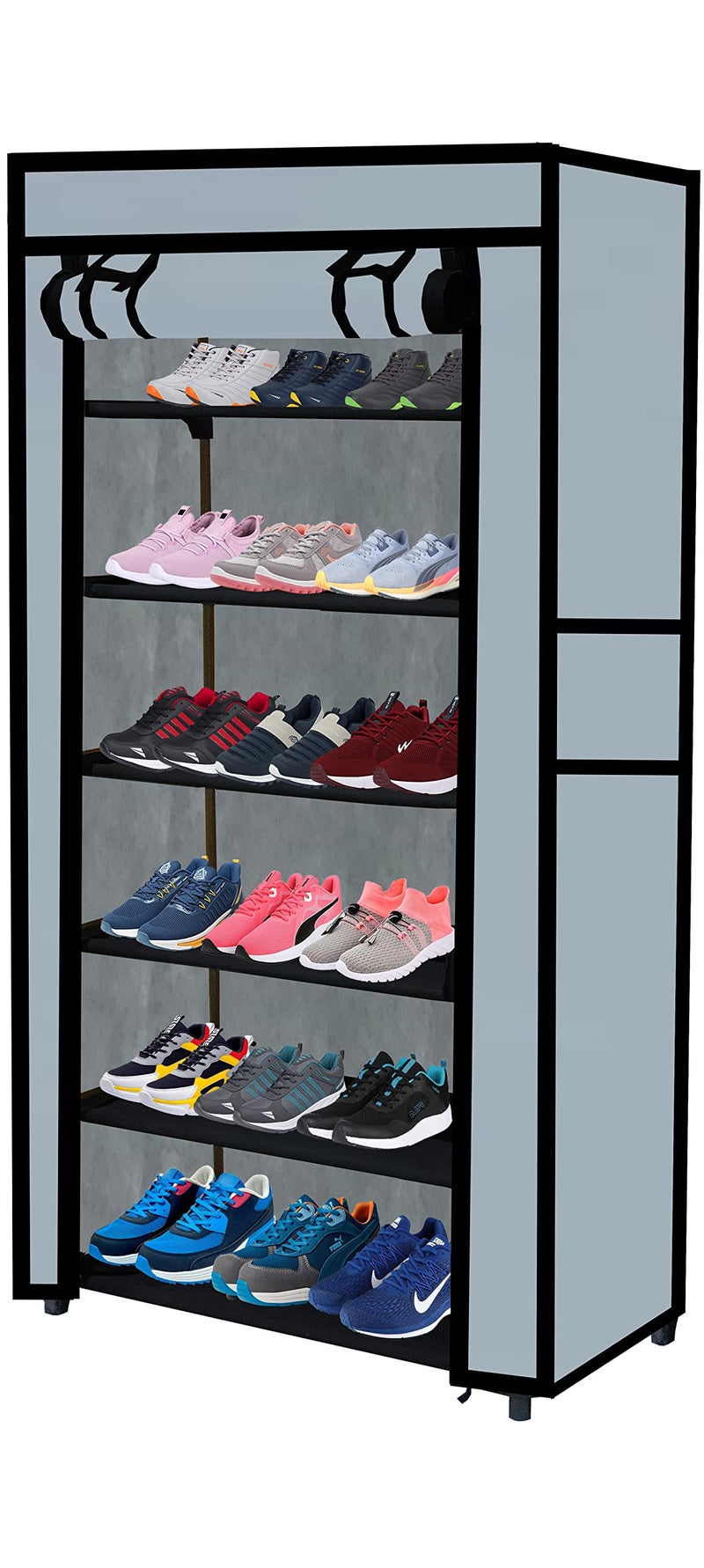 SANAMSTORE Multipurpose 6 Tier Rack Shoe/Clothes/Books Stand Rack with Cover for Home (Need to Be Assemble - DIY) -Grey, Metal, Cm - Image 2