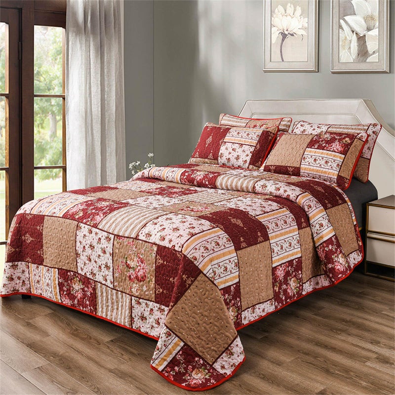 YASMENG 3 Pieces Floral Plaid Patchwork Bedding Quilt Set King Red Brown White Plaid Patchwork with Peony Flower Quilted Bedspread Coverlet Set Soft Lightweight Microfiber Bed Cover Set for All Seasons - Image 1