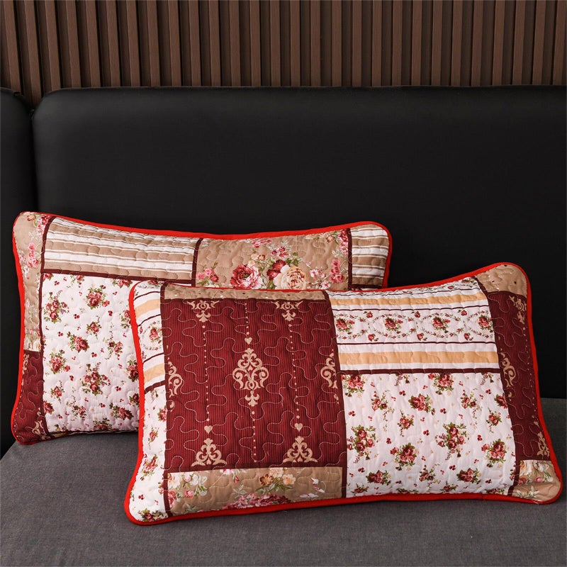 YASMENG 3 Pieces Floral Plaid Patchwork Bedding Quilt Set King Red Brown White Plaid Patchwork with Peony Flower Quilted Bedspread Coverlet Set Soft Lightweight Microfiber Bed Cover Set for All Seasons - Image 4