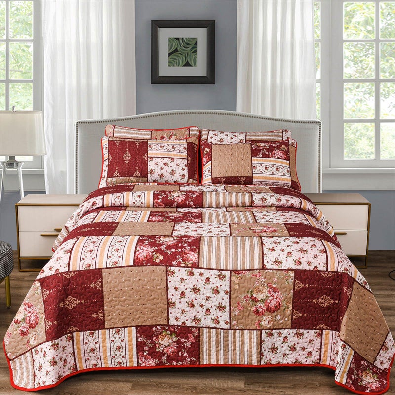YASMENG 3 Pieces Floral Plaid Patchwork Bedding Quilt Set King Red Brown White Plaid Patchwork with Peony Flower Quilted Bedspread Coverlet Set Soft Lightweight Microfiber Bed Cover Set for All Seasons - Image 2