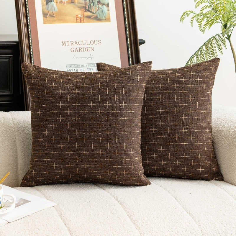 WACOMECO Textured Throw Pillow Covers, Pack of 2 Decorative Burlap Linen Farmhouse Cushion Covers for Couch Sofa Home Decoration, 18x18 inch, Dark Brown - Image 1