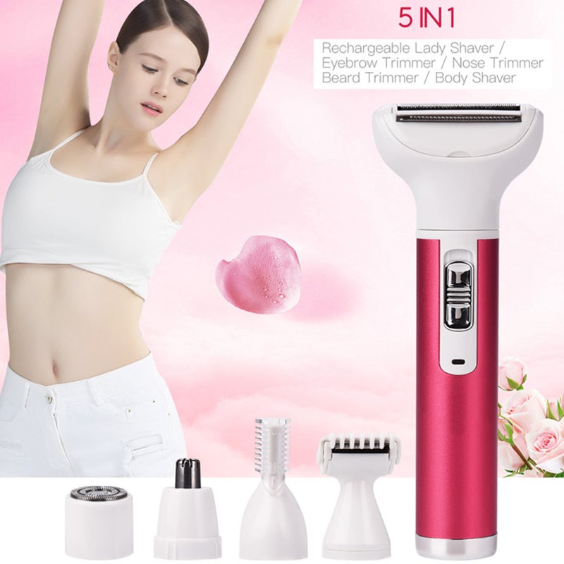 Electric Razor for Women 5 in 1 Womens Shaver for Pubic Hair Wet & Dry Cordless Hair Remover for Eyebrow Nose Face Portable Bikini Trimmer Rechargeable for Lady Hair Shaving - Image 1