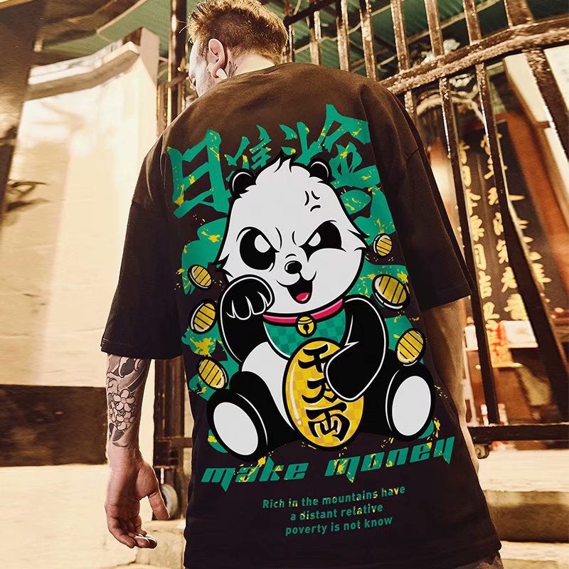 Hip-Hop National Fashionable Clothes Short-Sleeved Mens Fashionable Brand Fashionable Panda Large Size T-Shirt Loose Half-Sleeved Couple Mens Fashionable Half-Sleeved T-Shirt T73 Black  - Image 1