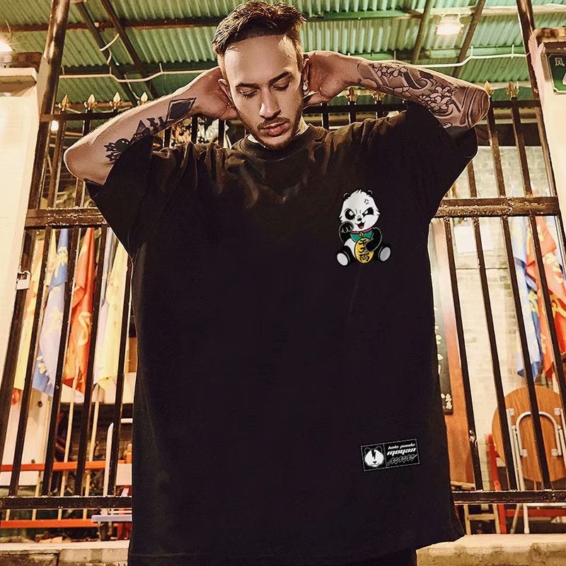 Hip-Hop National Fashionable Clothes Short-Sleeved Mens Fashionable Brand Fashionable Panda Large Size T-Shirt Loose Half-Sleeved Couple Mens Fashionable Half-Sleeved T-Shirt T73 Black  - Image 3