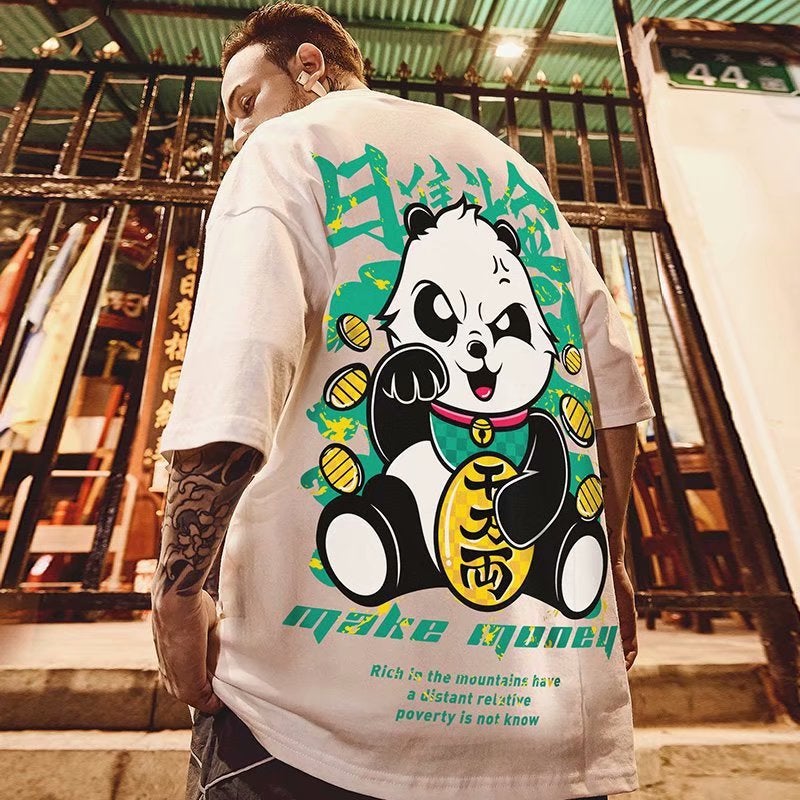 Hip-Hop National Fashionable Clothes Short-Sleeved Mens Fashionable Brand Fashionable Panda Large Size T-Shirt Loose Half-Sleeved Couple Mens Fashionable Half-Sleeved T-Shirt T73 Black  - Image 4