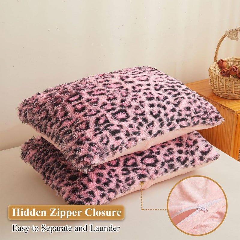 XeGe Cheetah Print Faux Fur Fluffy Pillowcases, Plush Shaggy Soft Long Pillow Covers, Fuzzy Decorative Leopard Print Pillow Cases, Furry Pillow Shams Bed Couch Zipper, Set of 2(King, Black and Pink) - Image 3