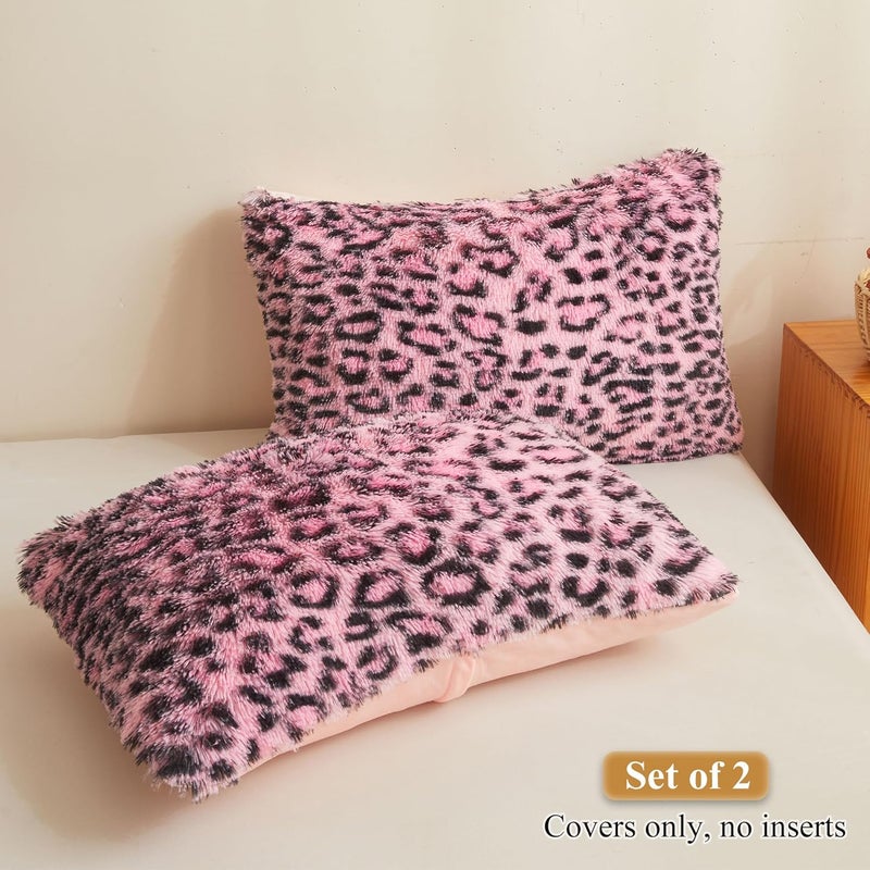 XeGe Cheetah Print Faux Fur Fluffy Pillowcases, Plush Shaggy Soft Long Pillow Covers, Fuzzy Decorative Leopard Print Pillow Cases, Furry Pillow Shams Bed Couch Zipper, Set of 2(King, Black and Pink) - Image 2