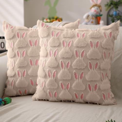 DFXSZ Easter Pillow Covers 20x20 inch Set of 2 Easter Decorations Pink Ears Beige Rabbit Soft Plush Faux Fur Jacquard Throw Pillows for Bedroom Sofa Holiday Festivals Home Decor FHJ17C20 - Image 1