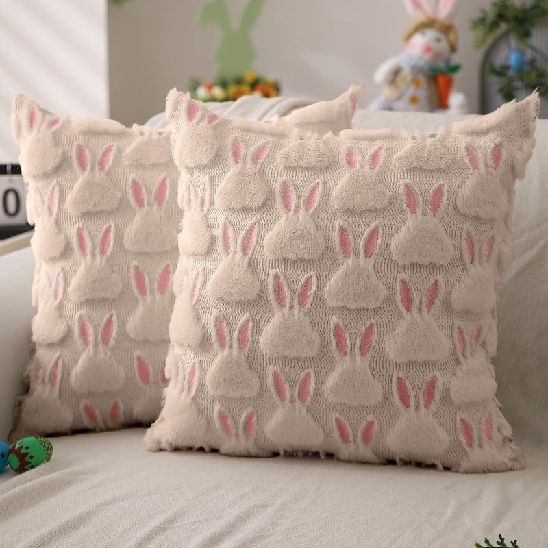 DFXSZ Easter Pillow Covers 20x20 inch Set of 2 Easter Decorations Pink Ears Beige Rabbit Soft Plush Faux Fur Jacquard Throw Pillows for Bedroom Sofa Holiday Festivals Home Decor FHJ17C20 - Image 2