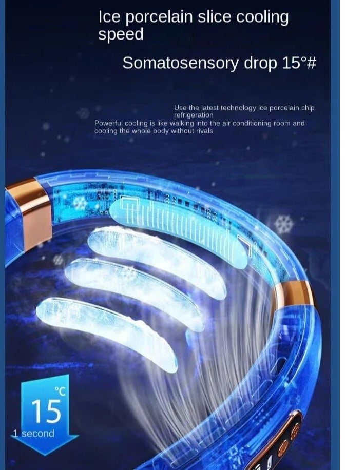 عام مروحة عنق مع وحدة تكييف هواء وصفائح تبريد، 5 سرعات لنسيم بارد، ضوء LED قابل للتعديل، بطارية 4000 مللي أمبير، مروحة شخصية قابلة لإعادة الشحن عبر USB للسيدات، محمولة للتخييم والسفر، زرقاء - Image 2