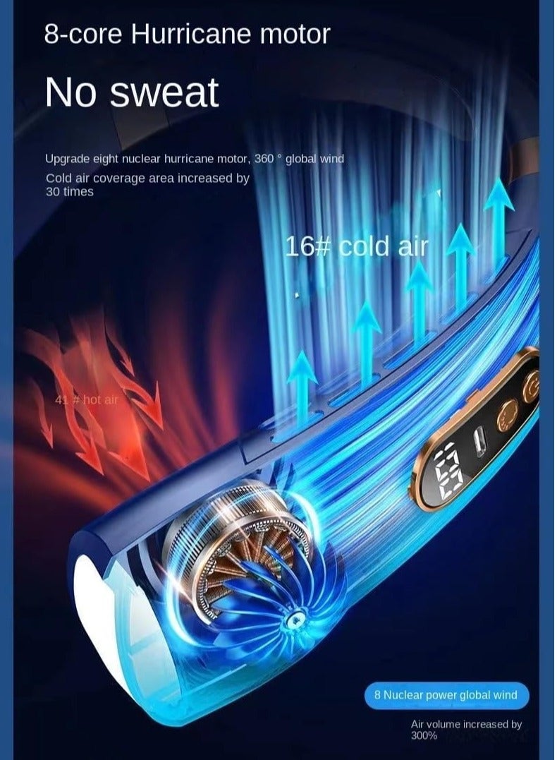 عام مروحة عنق مع وحدة تكييف هواء وصفائح تبريد، 5 سرعات لنسيم بارد، ضوء LED قابل للتعديل، بطارية 4000 مللي أمبير، مروحة شخصية قابلة لإعادة الشحن عبر USB للسيدات، محمولة للتخييم والسفر، زرقاء - Image 5