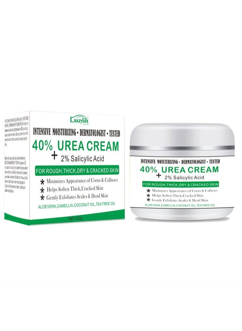 Crazylife - Urea Cream 40% for Feet Maximum Strength with 2% Salicylic Acid, Dermatologist-Tested Intense Moisturiser,Callus Remover, Dead Skin Exfoliation, Hand and Foot Cream for Dry Cracked Elbows, Heels, Knees - Image 1