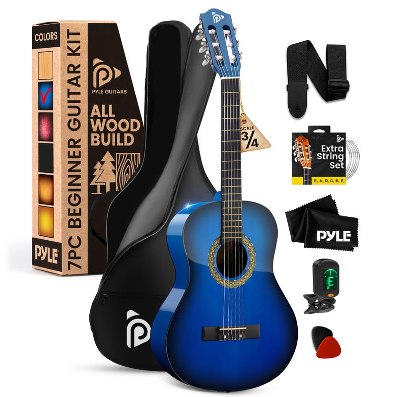Pyle Beginner Acoustic Guitar Kit, 3/4 Junior Size Instrument for Kids, Adults, 36" Ocean Blue - Image 1