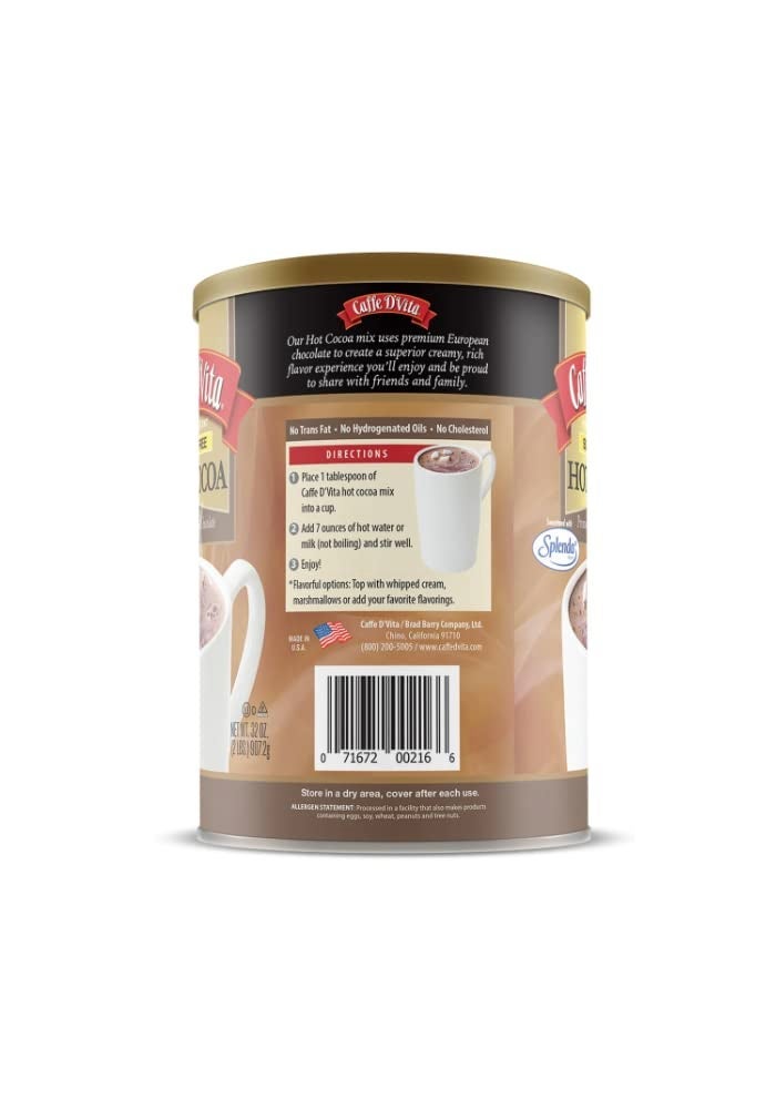 Caffe D'Vita Sugar Free Hot Cocoa Mix - Sugar Free Hot Chocolate Mix, Gluten Free, Low Fat, No Cholesterol, No Hydrogenated Oils, No Trans Fat, Kosher, Hot Cocoa Mix Bulk - 2 Lb Can - Image 3