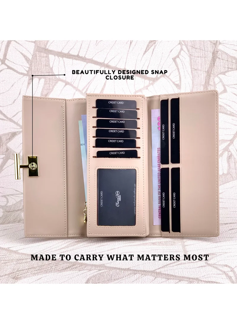 Classic Milano Apricot (JFL-7-(9012)) Classic Milano Premium Faux Leather Long Wallet for Women with Snap Closure | Ladies Wallet Card Holder Purse | Slim Women's Wallet for Daily Use, Travel, and Gifting for Women | Best Price UAE