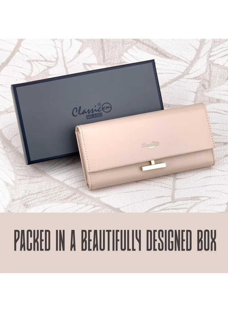 Classic Milano Apricot (JFL-7-(9012)) Classic Milano Premium Faux Leather Long Wallet for Women with Snap Closure | Ladies Wallet Card Holder Purse | Slim Women's Wallet for Daily Use, Travel, and Gifting for Women | Best Price UAE
