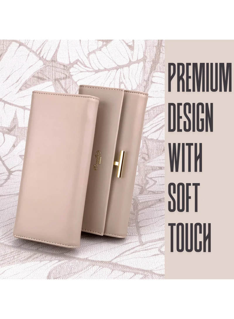 Classic Milano Apricot (JFL-7-(9012)) Classic Milano Premium Faux Leather Long Wallet for Women with Snap Closure | Ladies Wallet Card Holder Purse | Slim Women's Wallet for Daily Use, Travel, and Gifting for Women | Best Price UAE