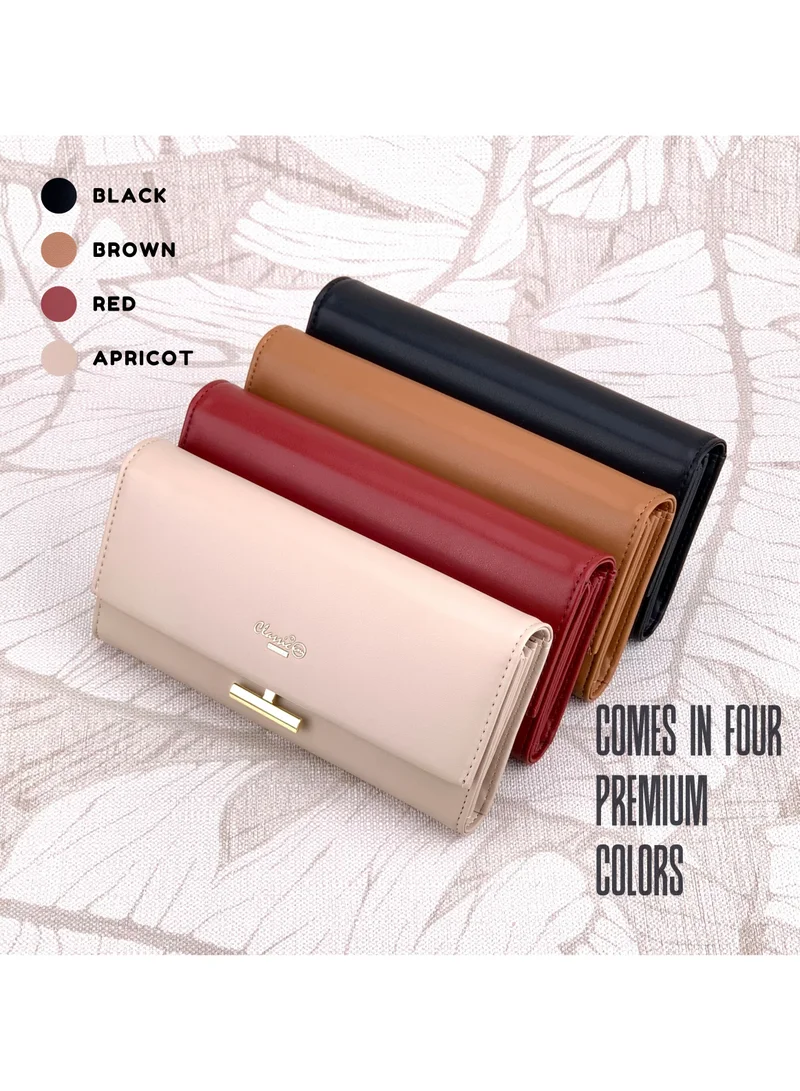 Classic Milano Apricot (JFL-7-(9012)) Classic Milano Premium Faux Leather Long Wallet for Women with Snap Closure | Ladies Wallet Card Holder Purse | Slim Women's Wallet for Daily Use, Travel, and Gifting for Women | Best Price UAE
