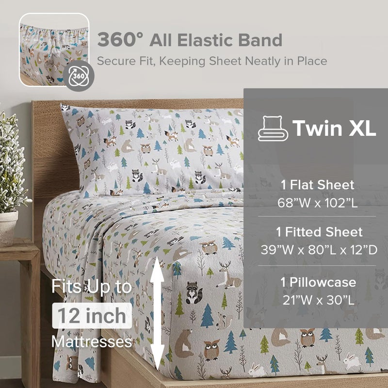 Comfort Spaces Cotton Flannel Sheets Twin XL Size, Ultra Soft Flannel Sheet Set with 12" Elastic Pocket , Novelty Print Warm Flannel Bedding, Multi Forest Animals 3 Piece - Image 5