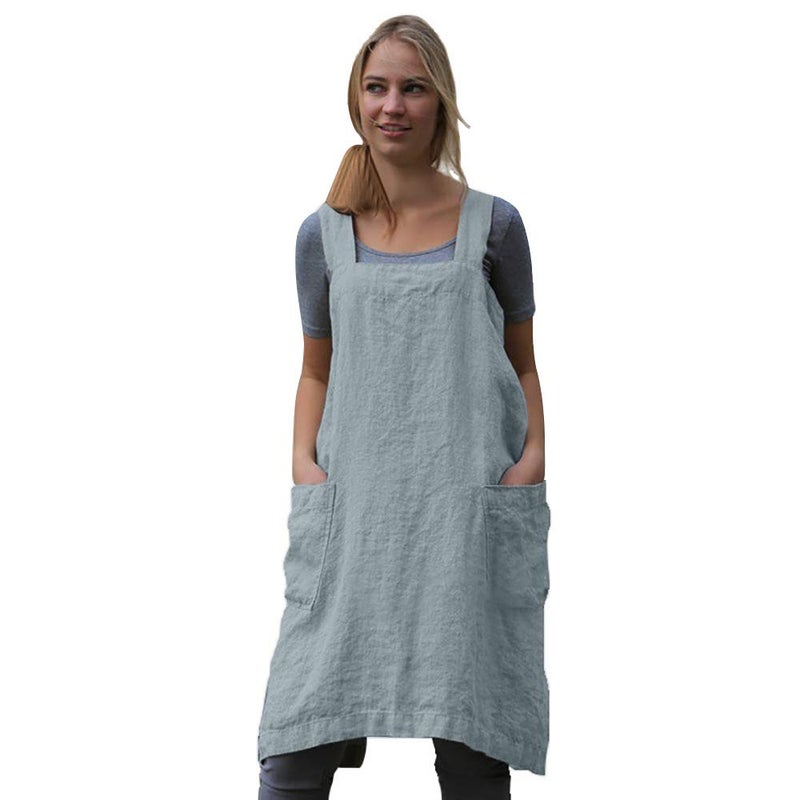 Larmliss Women 's Pinafore Square Apron Baking Cooking Gardening Works Cross Back Cotton/Linen Blend Dress with 2 Pockets Light Blue-2XL - Image 1