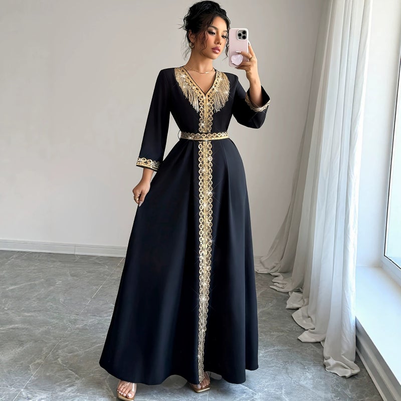 فستان نسائي أنيق 2026 بأكمام طويلة وياقة على شكل V مع دانتيل وشراشيب - Image 3
