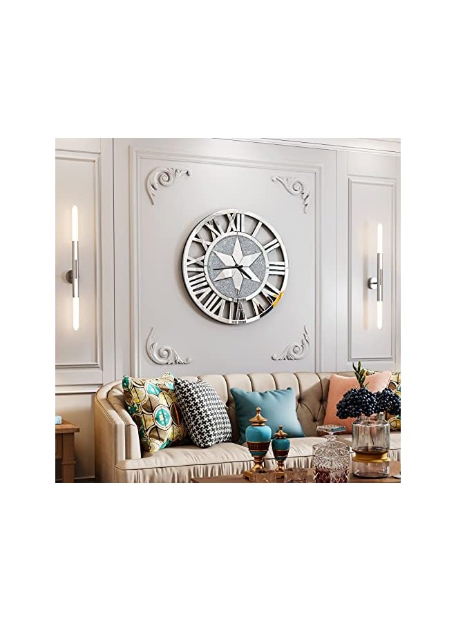 vesus Glass Wall Clock Decor: 60cm Round Large Decorative Modern Silent Clock Mirrored Finish Roman Numerals Silver Home Decor for Living Room, Kithen, Bedroom, Battery Operated - Image 2
