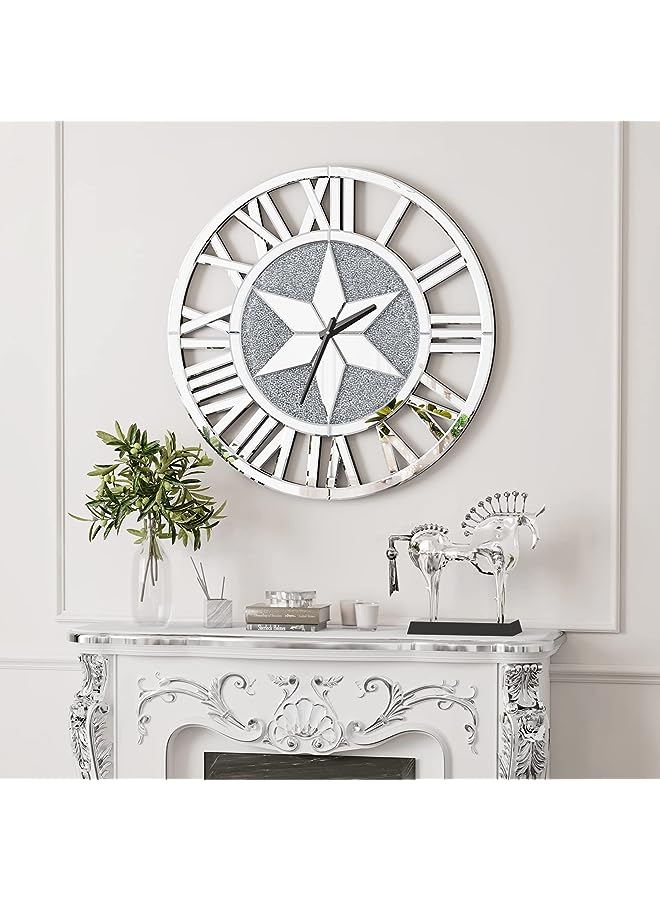 vesus Glass Wall Clock Decor: 60cm Round Large Decorative Modern Silent Clock Mirrored Finish Roman Numerals Silver Home Decor for Living Room, Kithen, Bedroom, Battery Operated - Image 1