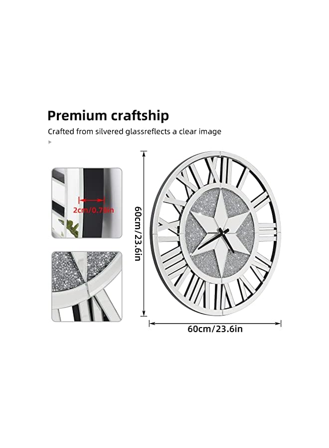 vesus Glass Wall Clock Decor: 60cm Round Large Decorative Modern Silent Clock Mirrored Finish Roman Numerals Silver Home Decor for Living Room, Kithen, Bedroom, Battery Operated - Image 3