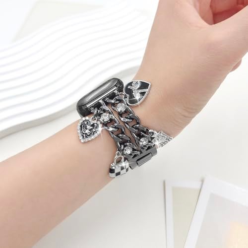 YONWORTH Cuban Chain Band Compatible with Apple Watch Bands 38/40/41mm Women,Bling Diamond Chain Dressy Metal Wristband Cute Charms Pendants for iWatch Series 10 9 8 7 6 5 4 3 SE(A7-Black Black, 38MM) - Image 5