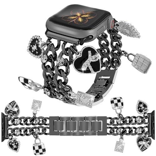 YONWORTH Cuban Chain Band Compatible with Apple Watch Bands 38/40/41mm Women,Bling Diamond Chain Dressy Metal Wristband Cute Charms Pendants for iWatch Series 10 9 8 7 6 5 4 3 SE(A7-Black Black, 38MM) - Image 1