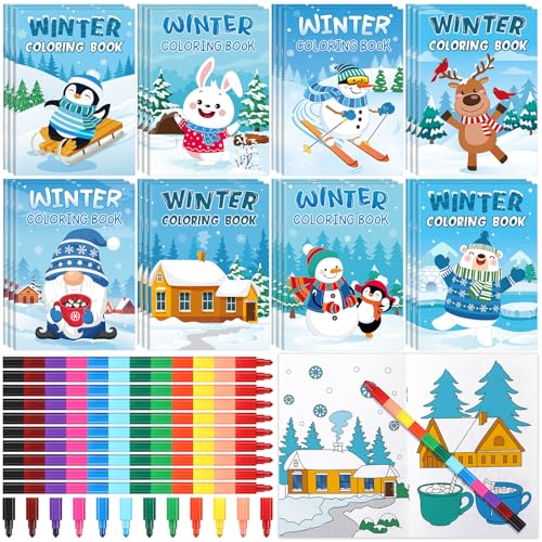 Funrous 24 Set Winter Coloring Books with Crayons Bulk Winter Christmas Party Favors Gifts Animals Penguin Polar Bear Snowman Activity Book Pages for Holiday Birthday Goodie Bags Fillers Prizes - Image 1