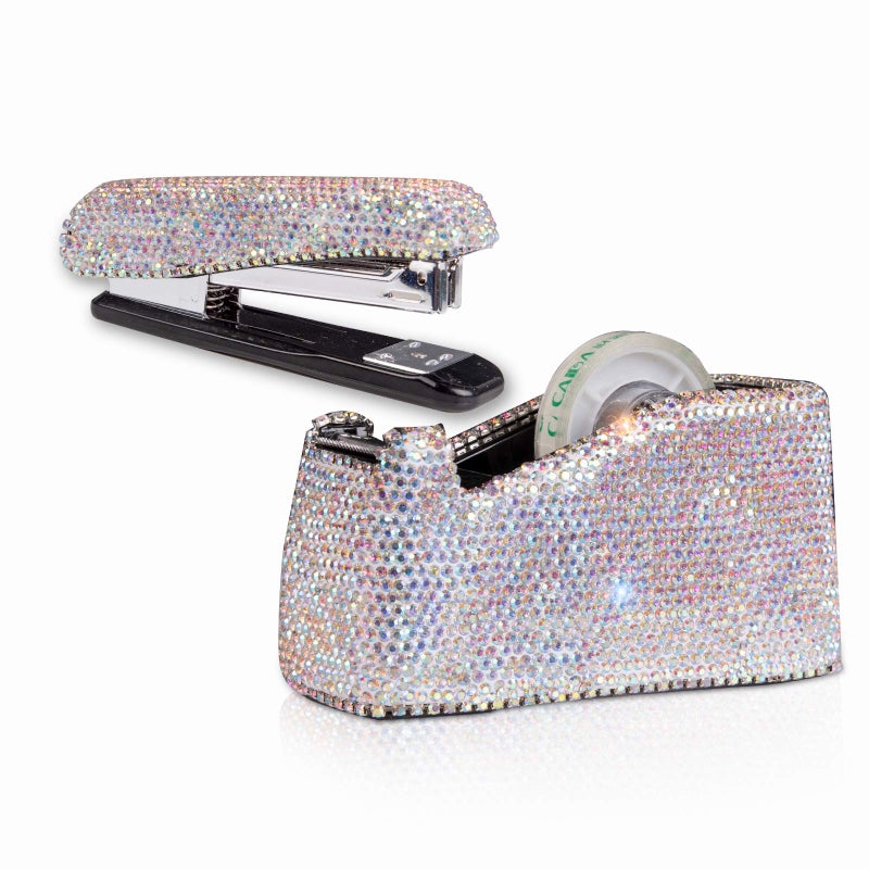 KEYPOWER Bling Crystal Luxury Handmade Diamond Stapler & Desktop Tape Dispenser Office Stationery Kit for Fashion Girls Women (AB Color) - Image 1