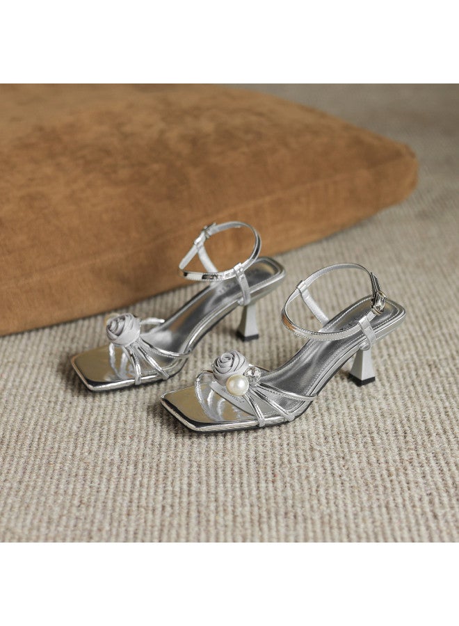 AME Summer New Women's Sandals, Elegant Mid-heel Single Strap Sandals With Rose Design - Image 3